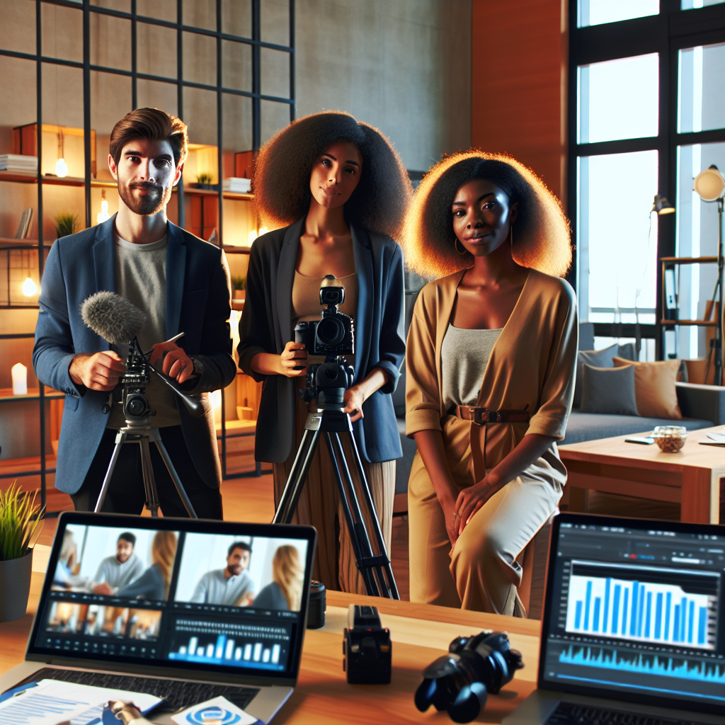 Profesjonell markedsføringsteam som filmer en minidokumentar i moderne kontormiljø, varme farger, kamera, lys og laptop med analytics på skjerm