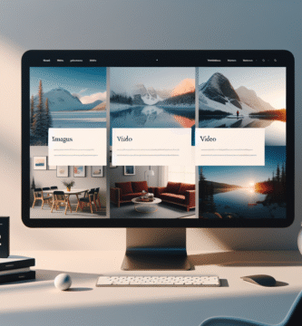 Moderne nettsidevisning med bilder og videominiatyrer, overlegg av korte alt-tekst-etiketter, flat design, nordisk fargepalett, tydelig og profesjonelt utseende