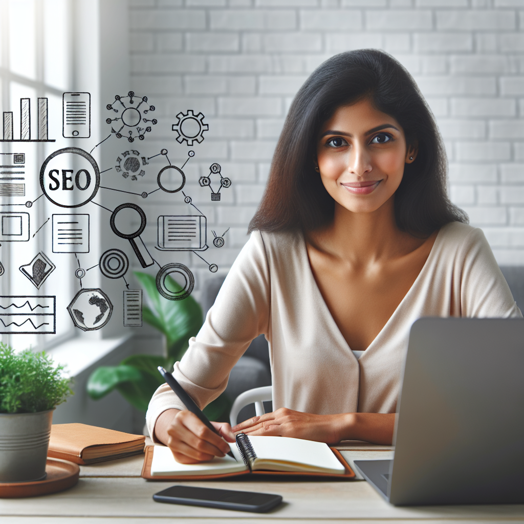 En moderne, profesjonell featured image som viser en person som planlegger blogginnhold med laptop, notatblokk, diagrammer og SEO-ikoner i en lys, nordisk stil