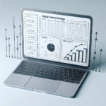 Moderne digital innholdsstrategi: en laptop med redaksjonell kalender, søkeordsanalyse-graf, piler som representerer distribusjon, nordisk minimalistisk stil