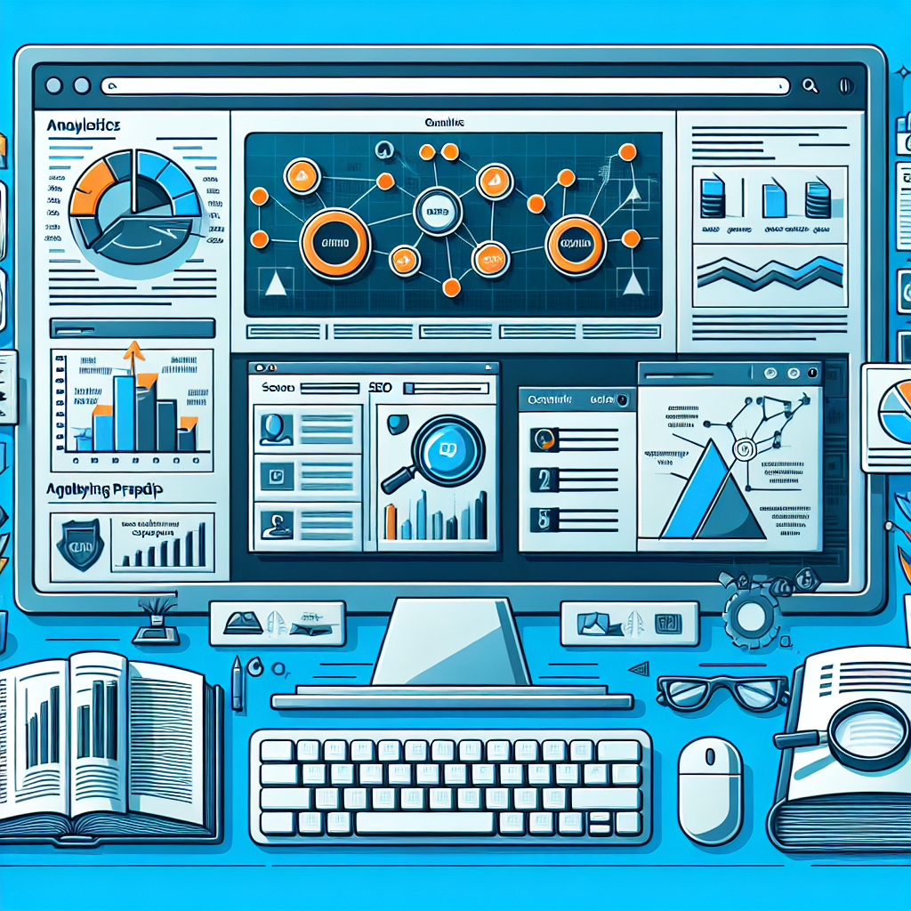 Oversiktlig illustrasjon av SEO-strategi: dashboard med analytics, søkeordkart, innholdspyramide og piler som viser organisk vekst