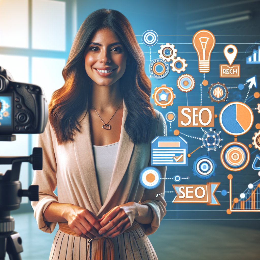 Moderne innholdsskaper foran kamera i et lyst studio, visuelle SEO-ikoner og diagrammer for rekkevidde og engasjement, profesjonell og vennlig stil, blå og oransje fargetoner